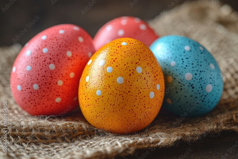 Fototapeta premium Three colorful Easter eggs on a natural burlap cloth background, perfect for spring and Easter-themed designs