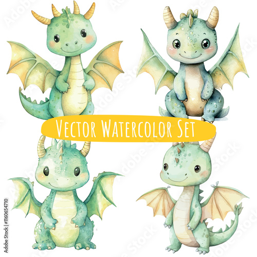 Cute Watercolor Dragons Set   Green, Blue, Yellow