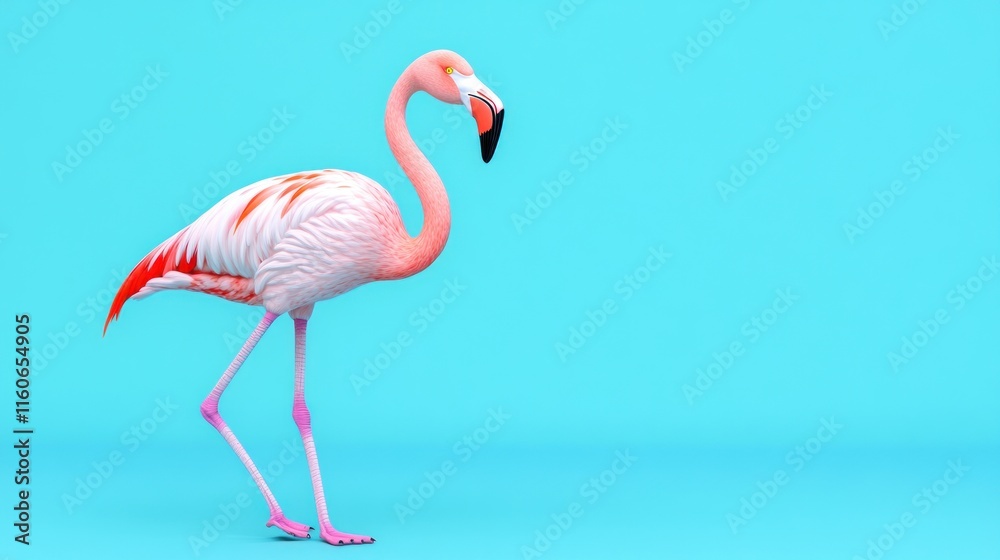 Fototapeta premium A stylized flamingo walking against a bright blue background.