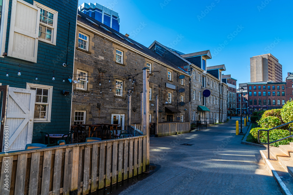 A view along renovated buildings in the historic old quarter of Halifax, Nova Scotia, Canada in the fall A view along renovated buildings in the historic old quarter of Halifax, Nova Scotia, Canada in the fall