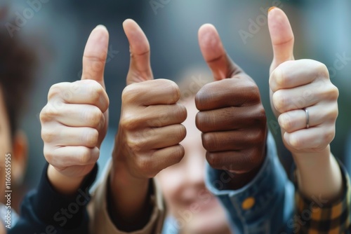 Diverse group supports company policy with thumbs up. photo