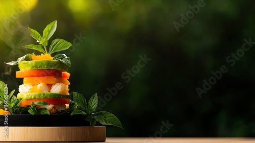 Peruvian causa rellena with avocado and crab, overlooking Lima s cliffs, colorful and zesty summer appetizer photo