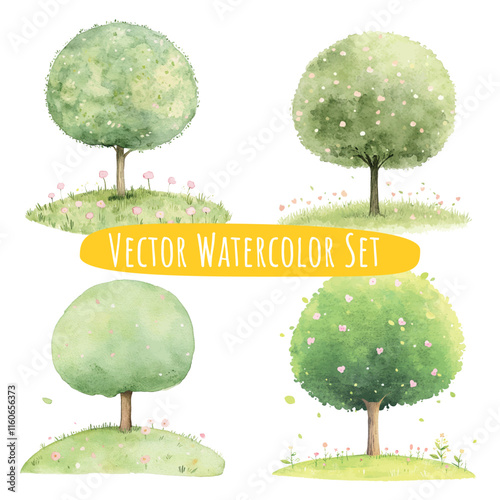 Watercolor Tree Illustrations   Pastel Green Landscape