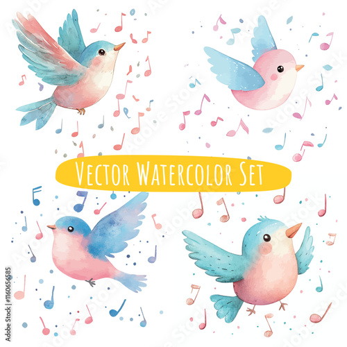Whimsical Watercolor Birds Flying Amidst Musical Notes