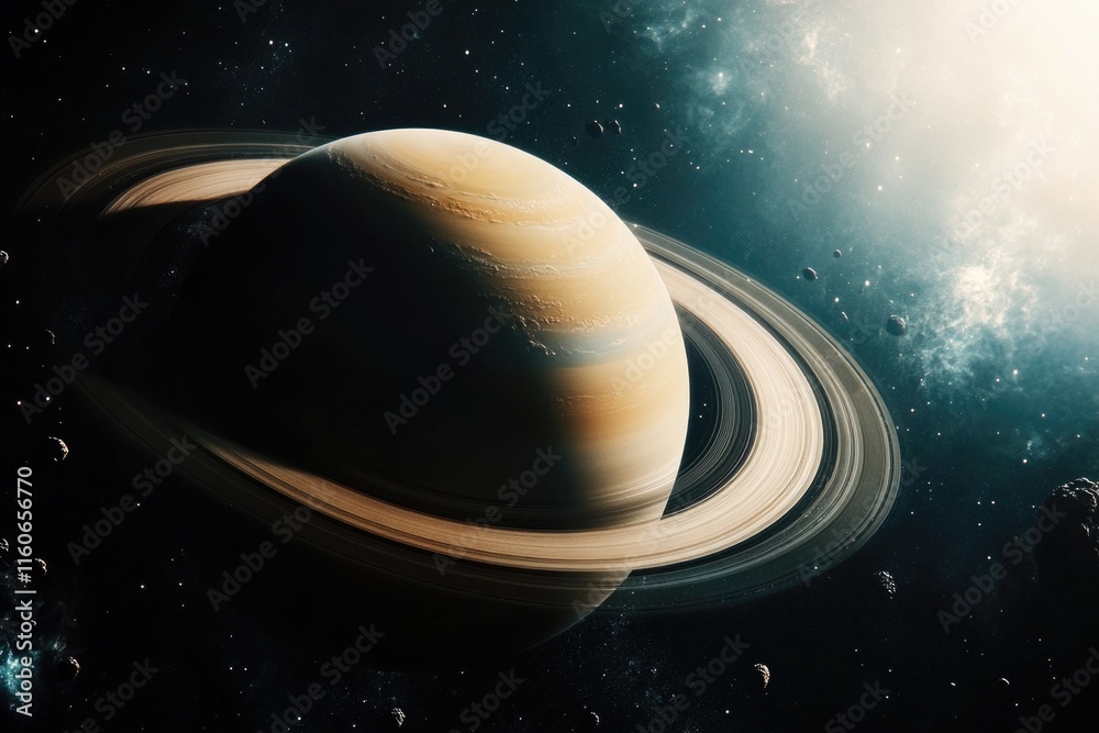 Naklejka premium A distant planet with a prominent ring system