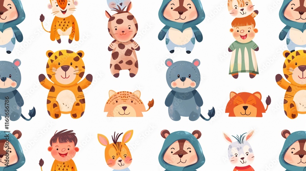 Cute Kids in Animal Costumes Seamless Pattern Vector Illustration Cute Kids in Animal Costumes Seamless Pattern Vector Illustration