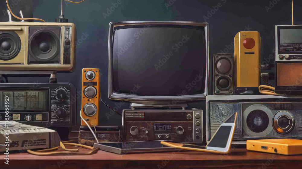A visual metaphor showing traditional media like newspapers, TV, and radios fading into the background, while modern digital devices take center stage. This image highlights the shift from traditional A visual metaphor showing traditional media like newspapers, TV, and radios fading into the background, while modern digital devices take center stage. This image highlights the shift from traditional