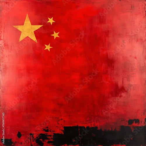 Representación artística de la bandera de China con textura abstracta y fondo desgastado en tonos rojos y negros