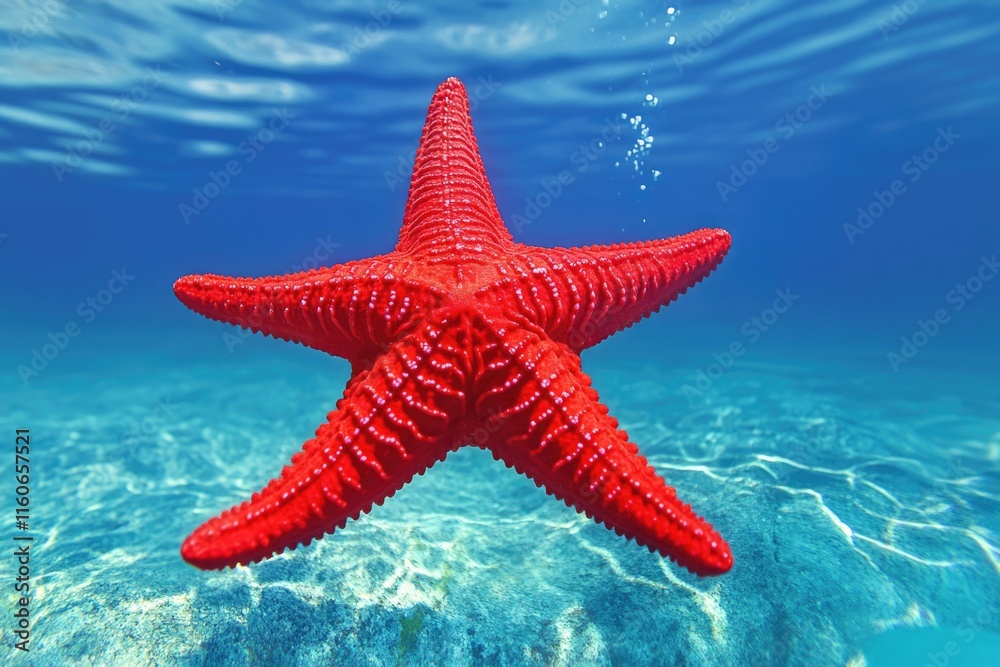 A single red starfish floats in the clear blue ocean A single red starfish floats in the clear blue ocean