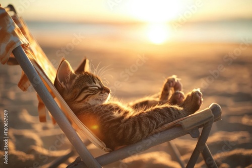 A cat lounges in a beach chair, soaking up the sun photo