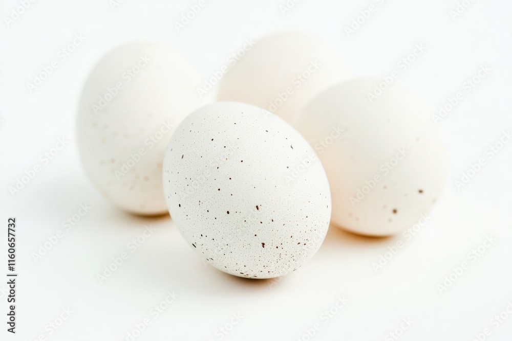 Three white eggs sit side by side on a clean, white surface Three white eggs sit side by side on a clean, white surface