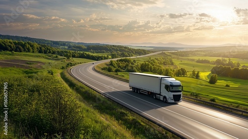 Photorealistic view of a self-driving electric truck on a highway surrounded by green landscape
