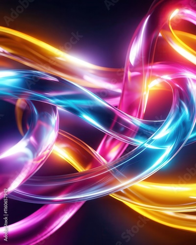 Abstract swirling ribbons in luminous colors, kinetic energy visuals, dynamic and futuristic design concept