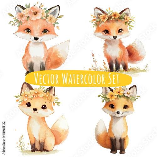 Watercolor Fox Illustrations with Floral Crowns