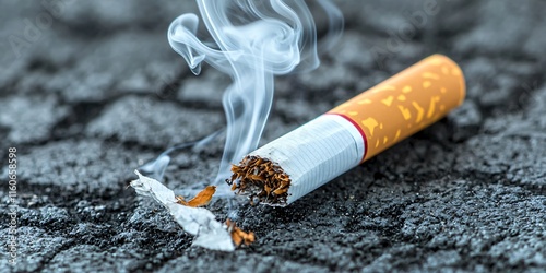 Cancer awareness. Cigarette on asphalt with smoke rising, representing smoking habits and littering. photo