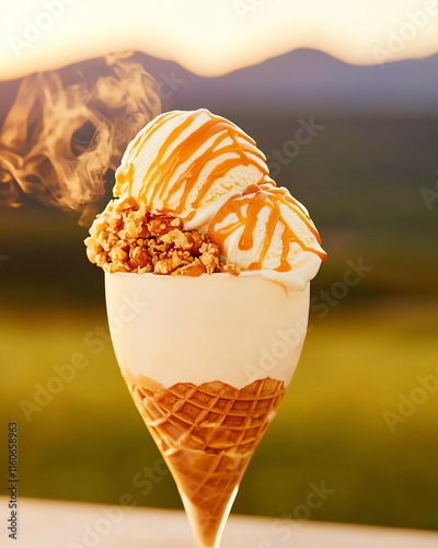 Turkish baklava ice cream sundae with caramelized nuts, sunset over Cappadocia s fairy chimneys, decadent fusion dessert photo