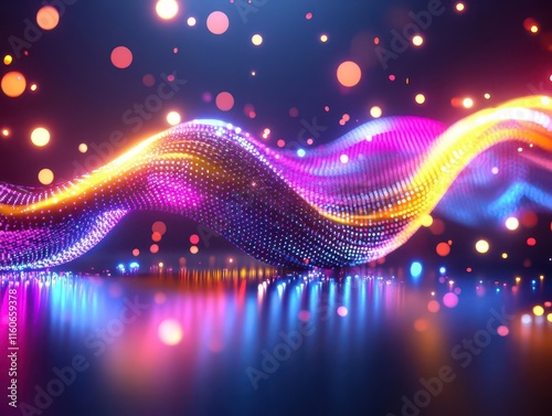 Flowing particles forming dynamic wave patterns in vivid colors, kinetic energy in motion, futuristic design aesthetics.