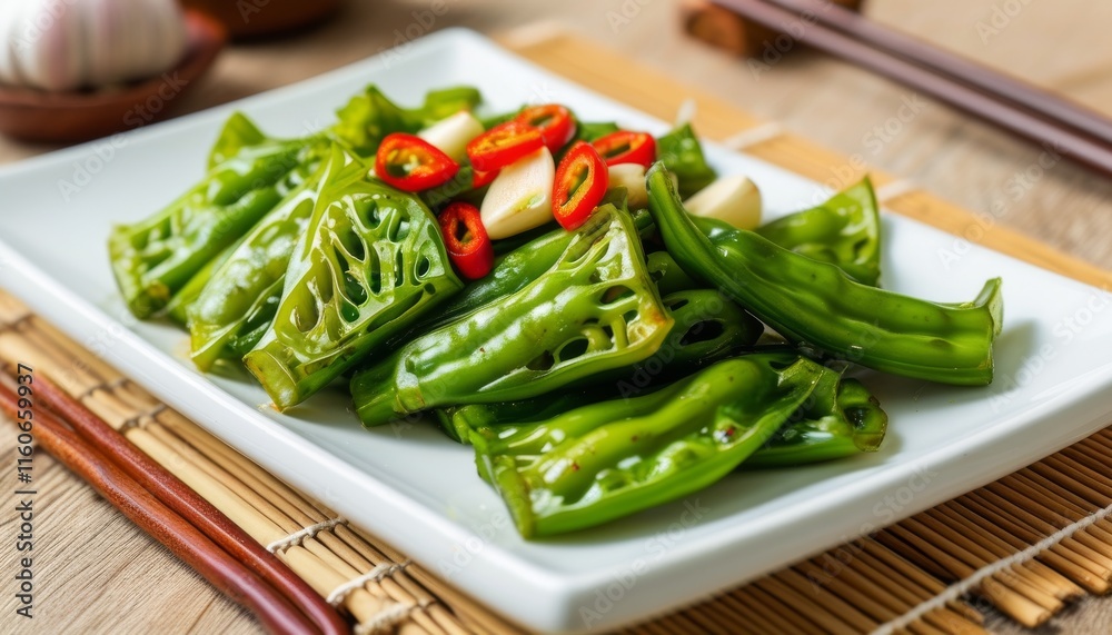 Flavorful Stir-Fried Green Peppers with Garlic and Red Chilies on Elegant Plate Flavorful Stir-Fried Green Peppers with Garlic and Red Chilies on Elegant Plate