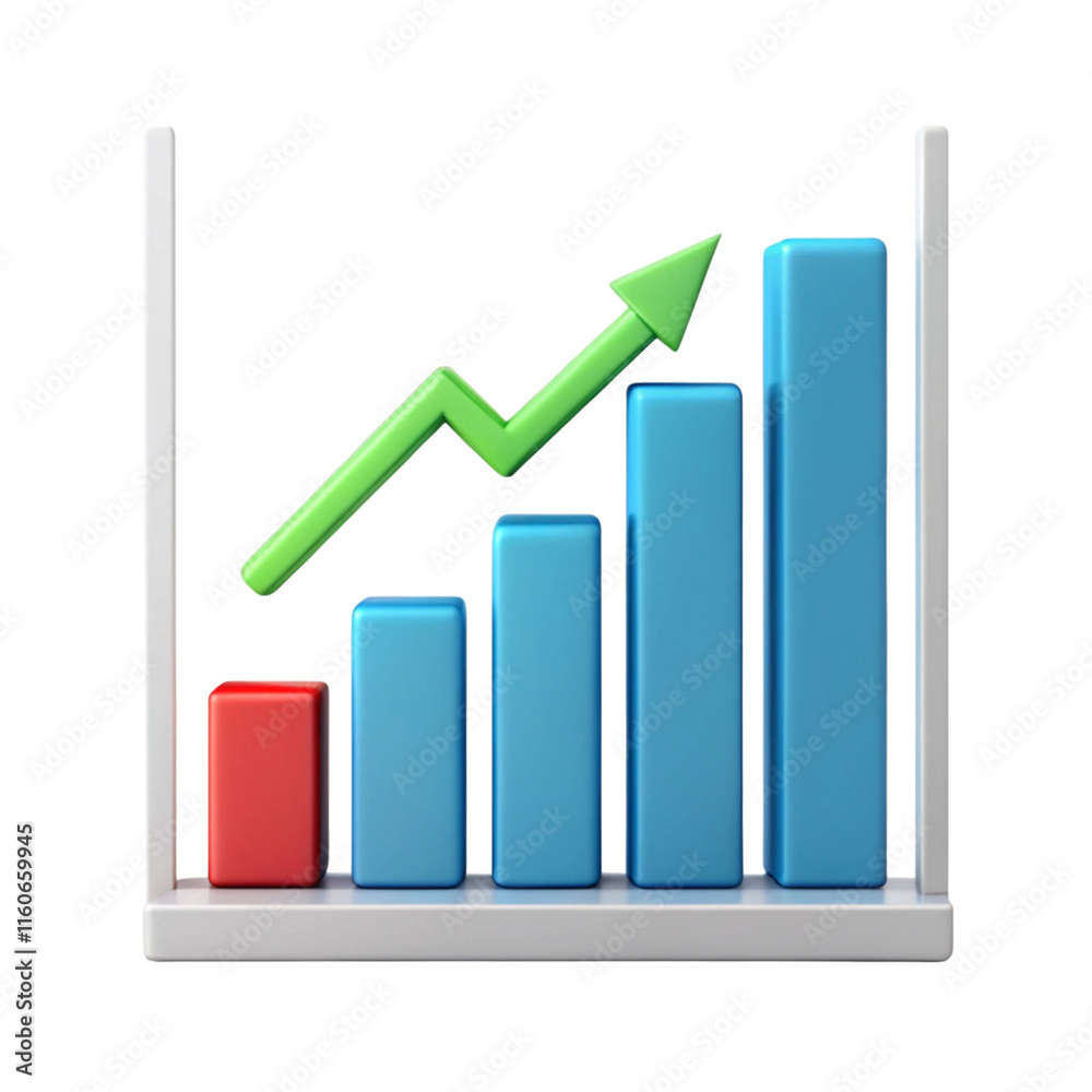 Rising bar graph with an upward arrow representing growth, success, and financial progress in white background Rising bar graph with an upward arrow representing growth, success, and financial progress in white background