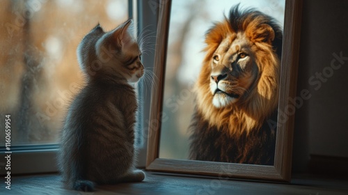 Kitten Sees a Lion Reflection in Mirror – Inspirational Concept of Self-Perception, selective focus