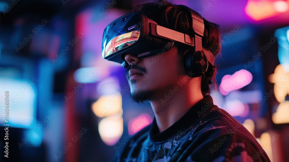 Individual engages with virtual reality technology in a vibrant, illuminated environment Individual engages with virtual reality technology in a vibrant, illuminated environment