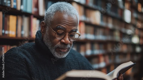 Adult learner engaged in reading in a library environment for personal growth photo