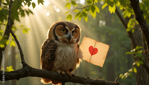 Owl holding a love letter with a heart while perched on a branch in a sunlit forest photo