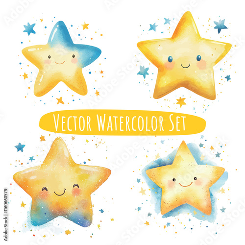 Cute Star Characters Watercolor Illustration Set