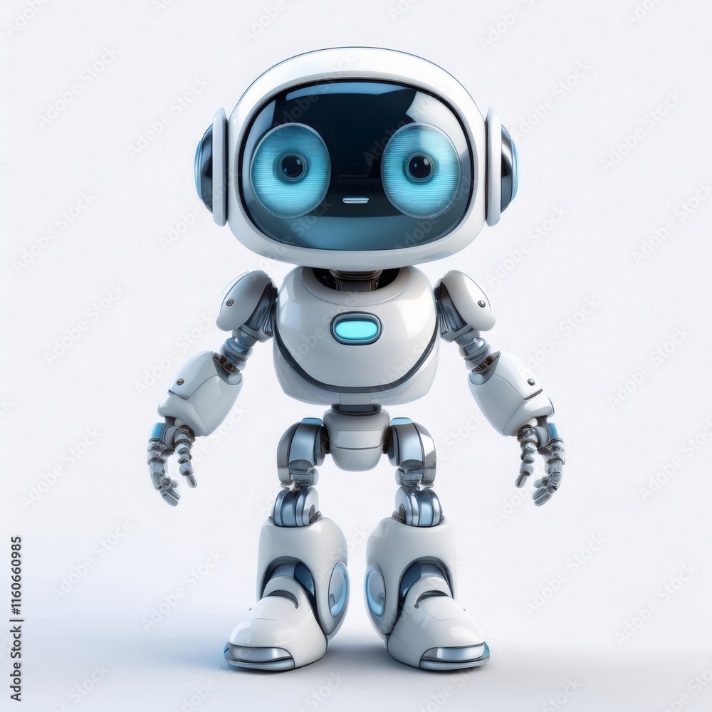 Chrome robot sporting oversized blue eyes, standing against pristine white surface Chrome robot sporting oversized blue eyes, standing against pristine white surface