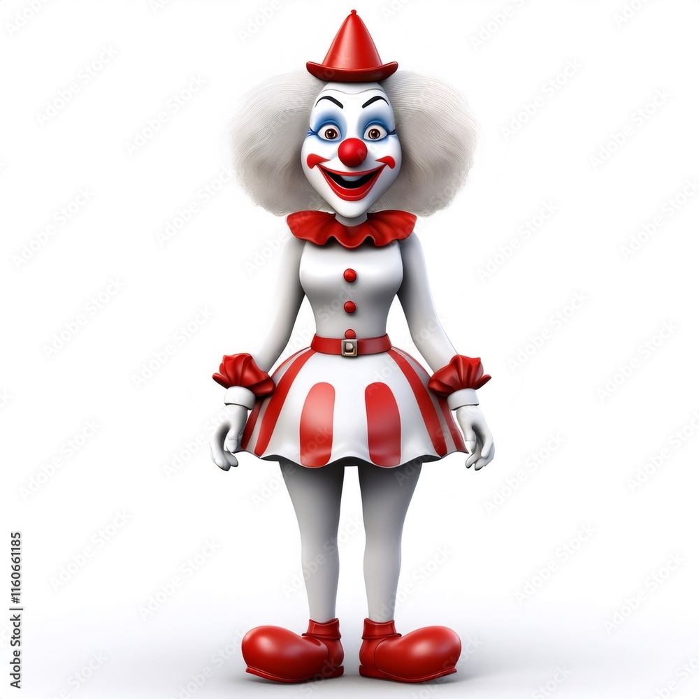 Smiling cartoon clown dressed in a vibrant red and white outfit, playfully standing against a clean white background, radiating joy Smiling cartoon clown dressed in a vibrant red and white outfit, playfully standing against a clean white background, radiating joy