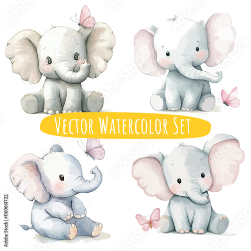 Watercolor Baby Elephants with Butterflies   Vector Set