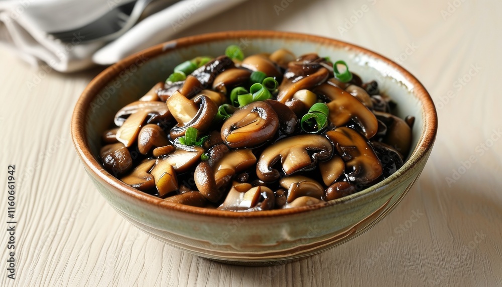 Upscale Stir Fried Mushrooms in Elegant Bowl with Green Onions on Table Setting Upscale Stir Fried Mushrooms in Elegant Bowl with Green Onions on Table Setting
