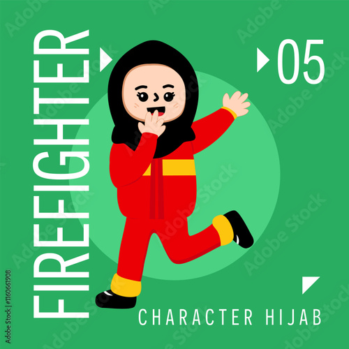 Illustration Girls Kid Hijab Cute Wear Outift Firefighter