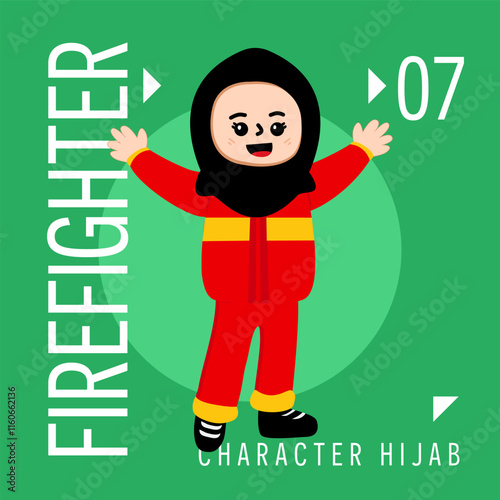 Illustration Girls Kid Hijab Cute Wear Outift Firefighter