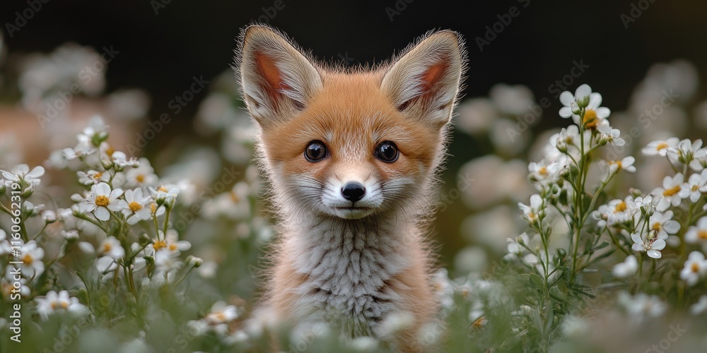 Obraz premium A small fox sitting amidst blooming flowers