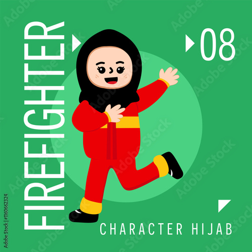 Illustration Girls Kid Hijab Cute Wear Outift Firefighter