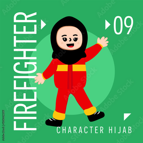 Illustration Girls Kid Hijab Cute Wear Outift Firefighter