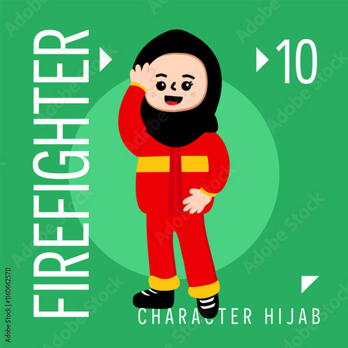 Illustration Girls Kid Hijab Cute Wear Outift Firefighter