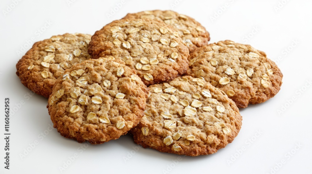Freshly baked oatmeal cookies stacked on a clean white surface, perfect for snacking or gift-giving Freshly baked oatmeal cookies stacked on a clean white surface, perfect for snacking or gift-giving