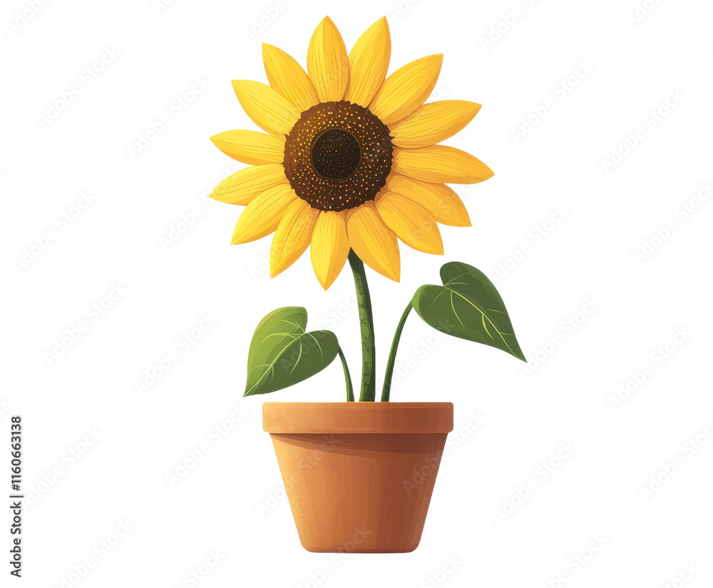 Obraz premium A vibrant sunflower with yellow petals and a brown center, placed in a terracotta pot, showcasing lush green leaves.