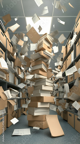 Office Chaos, Paper Avalanche Engulfs Filing System, Creating a Towering Stack of Documents in Disarray