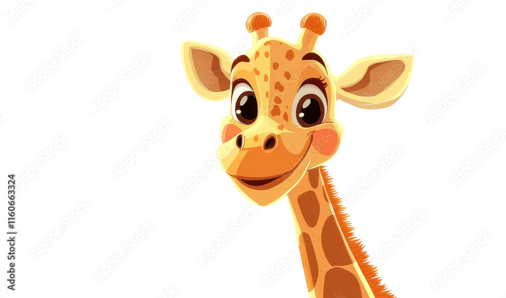 Obraz premium A cheerful, cartoon-style giraffe with big eyes and a friendly smile, showcasing its distinctive spots and long neck.