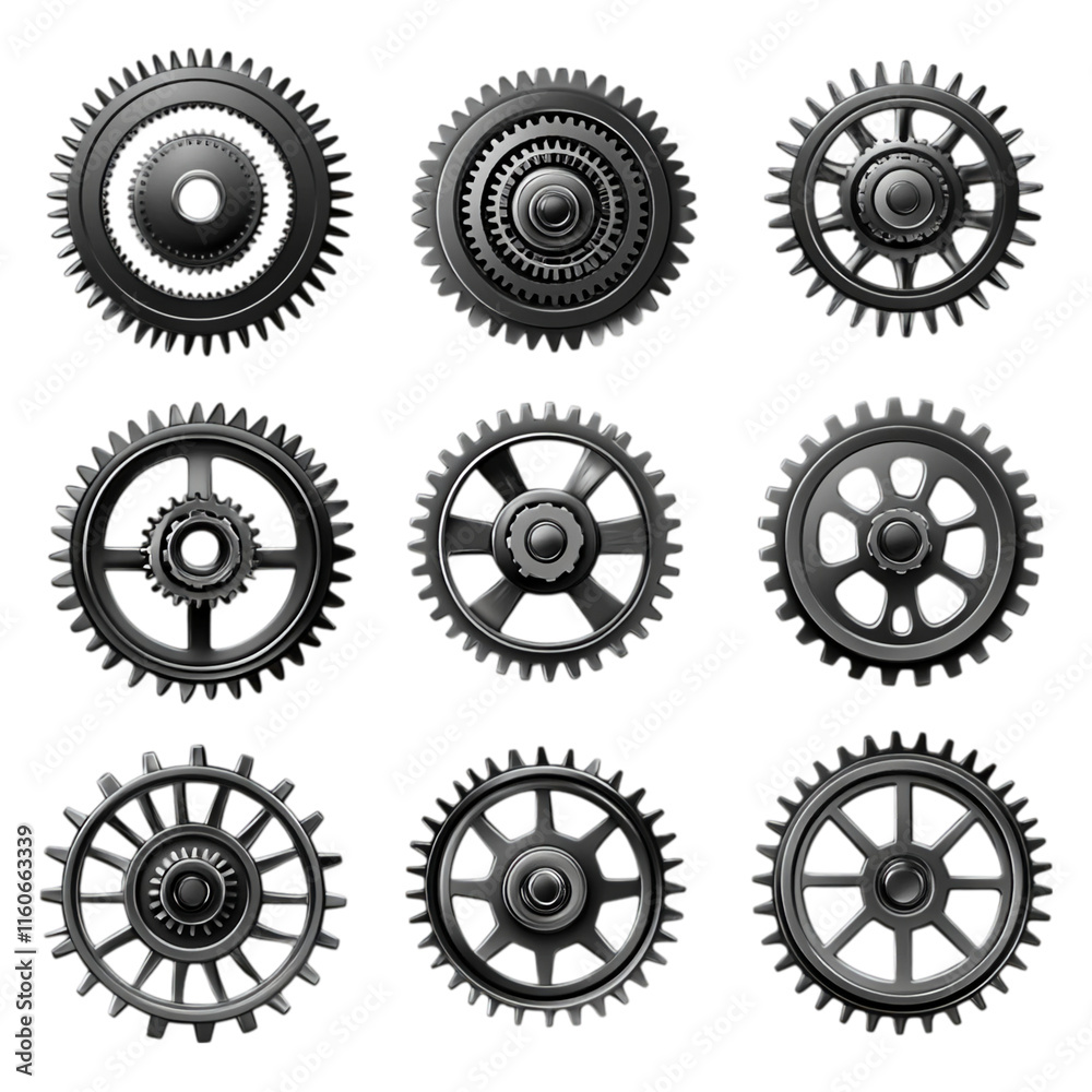 High-resolution image of a set of gears isolated on transparent background