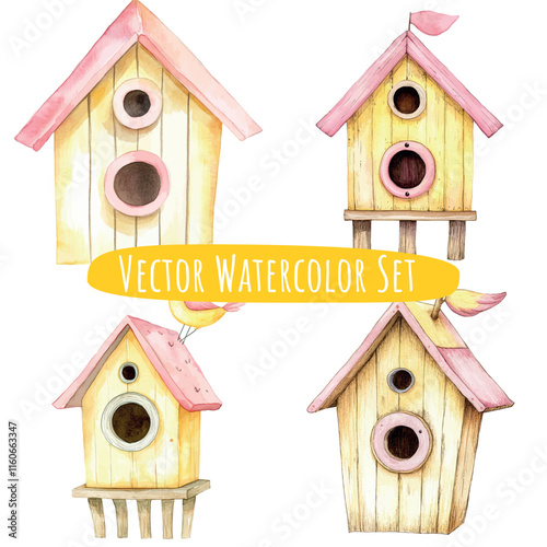 Watercolor Birdhouse Illustrations   Whimsical Set
