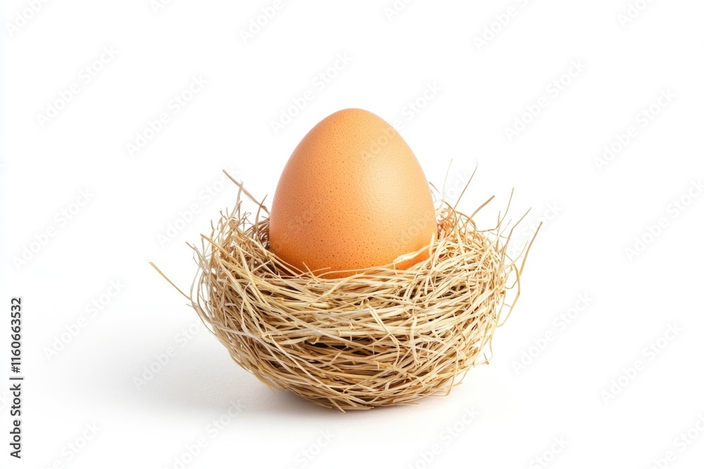 A single egg sitting in a natural nest on a white surface A single egg sitting in a natural nest on a white surface