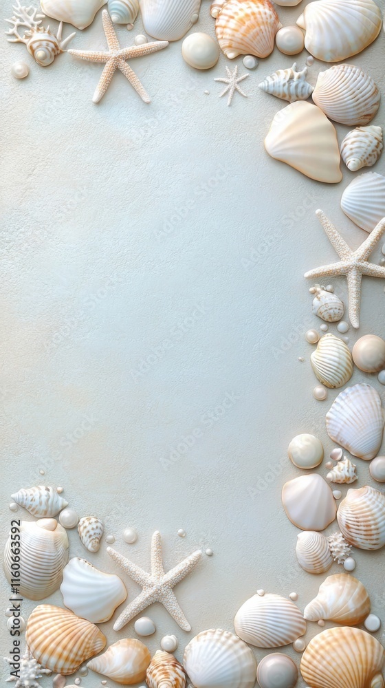 Obraz premium A whimsical vertical frame made of seashells, corals, and tiny starfish in pastel tones