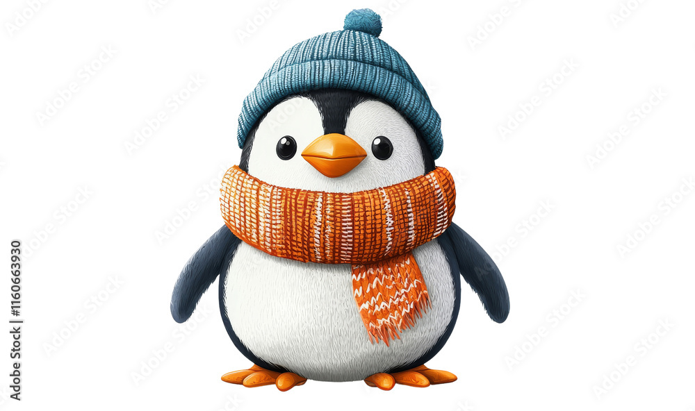 Fototapeta premium A cute penguin wearing a blue hat and an orange scarf, characterized by its rounded body and vibrant colors.