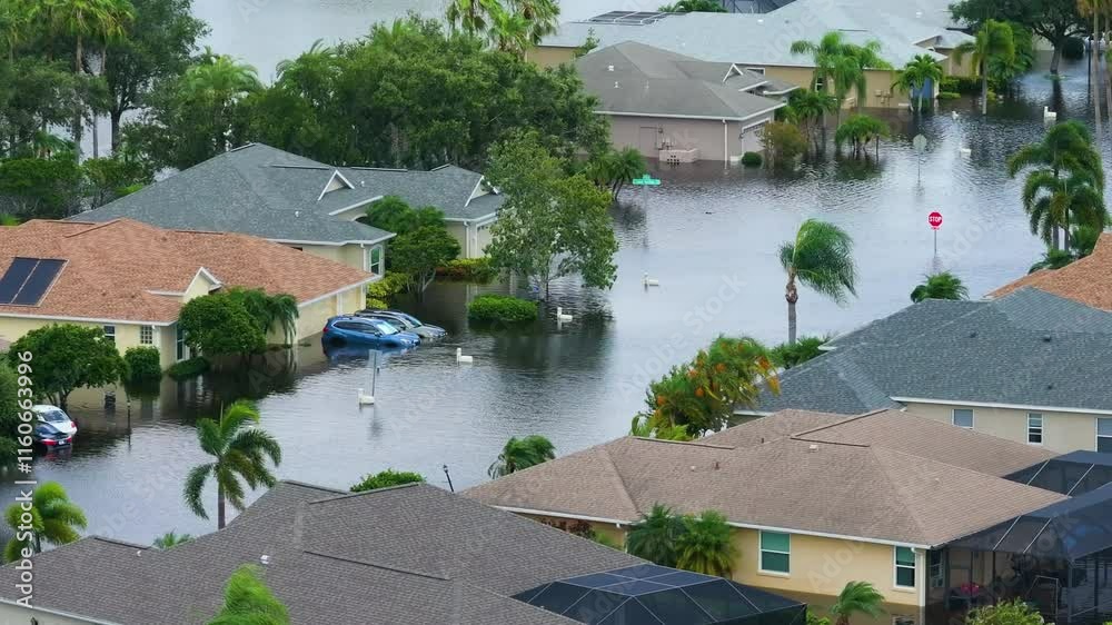Flooded residential area with underwater houses and cars from hurricane Debby rainfall water in Laurel Meadows community in Sarasota, Florida. Aftermath of natural disaster in southern USA Flooded residential area with underwater houses and cars from hurricane Debby rainfall water in Laurel Meadows community in Sarasota, Florida. Aftermath of natural disaster in southern USA