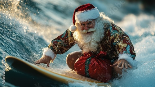 Santa Claus surfing in Hawaiian attire with a festive gift bag on a sunny day