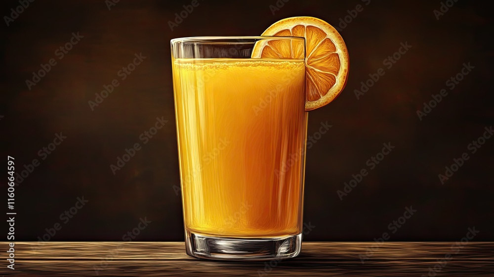 Fototapeta premium Refreshing glass of orange juice with an orange slice garnish on a wooden table.